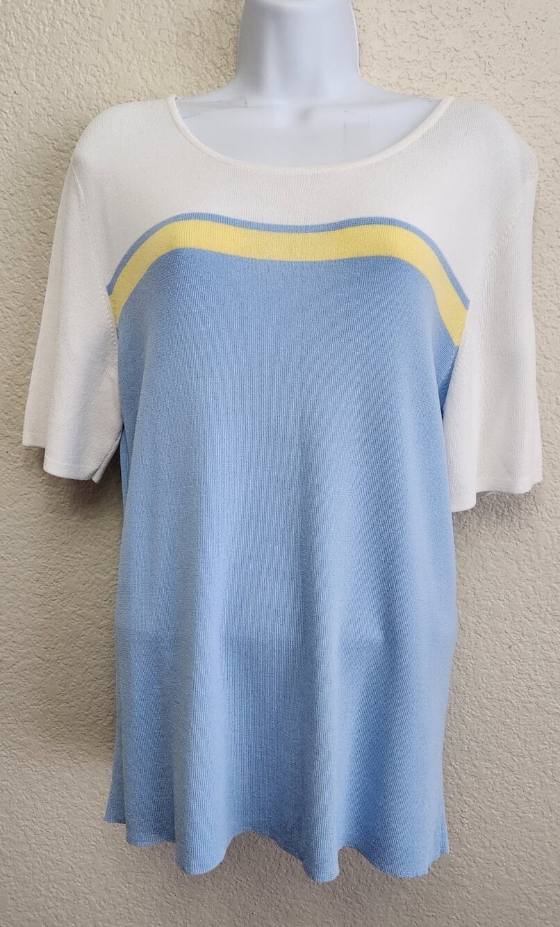 Draper's & Damon's Blue White Yellow Stripe Round Neck Top Large Lightweight